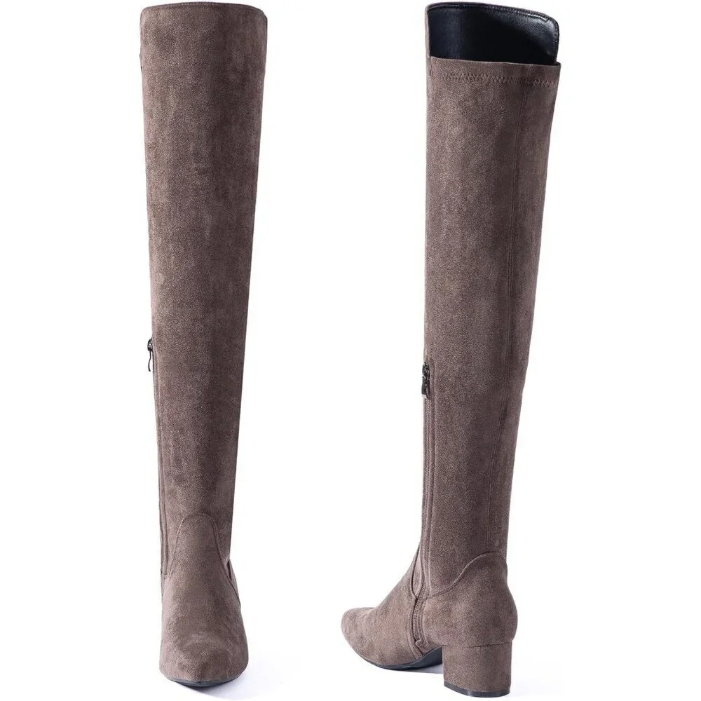 Women Chocolate 2Inch Faux Suede Over The Knee Thigh High Low Block Heel Boot